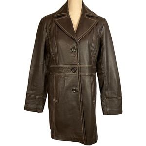 a.n.a 100% Brown Leather Medium Length Button Up Collared Coat Size M